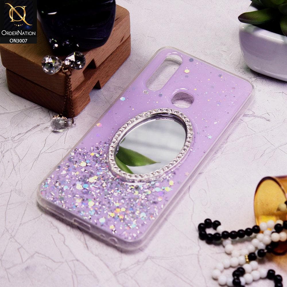 Vivo Y12 Cover - Purple - RhineStone Design Oval Mirror Soft Case - Glitter Does Not Move