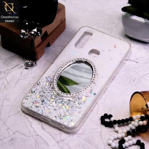 Vivo Y12 Cover - White - RhineStone Design Oval Mirror Soft Case - Glitter Does Not Move