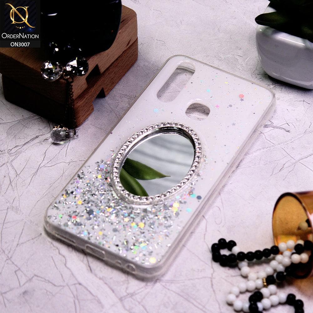 Vivo Y17 Cover - White - RhineStone Design Oval Mirror Soft Case - Glitter Does Not Move