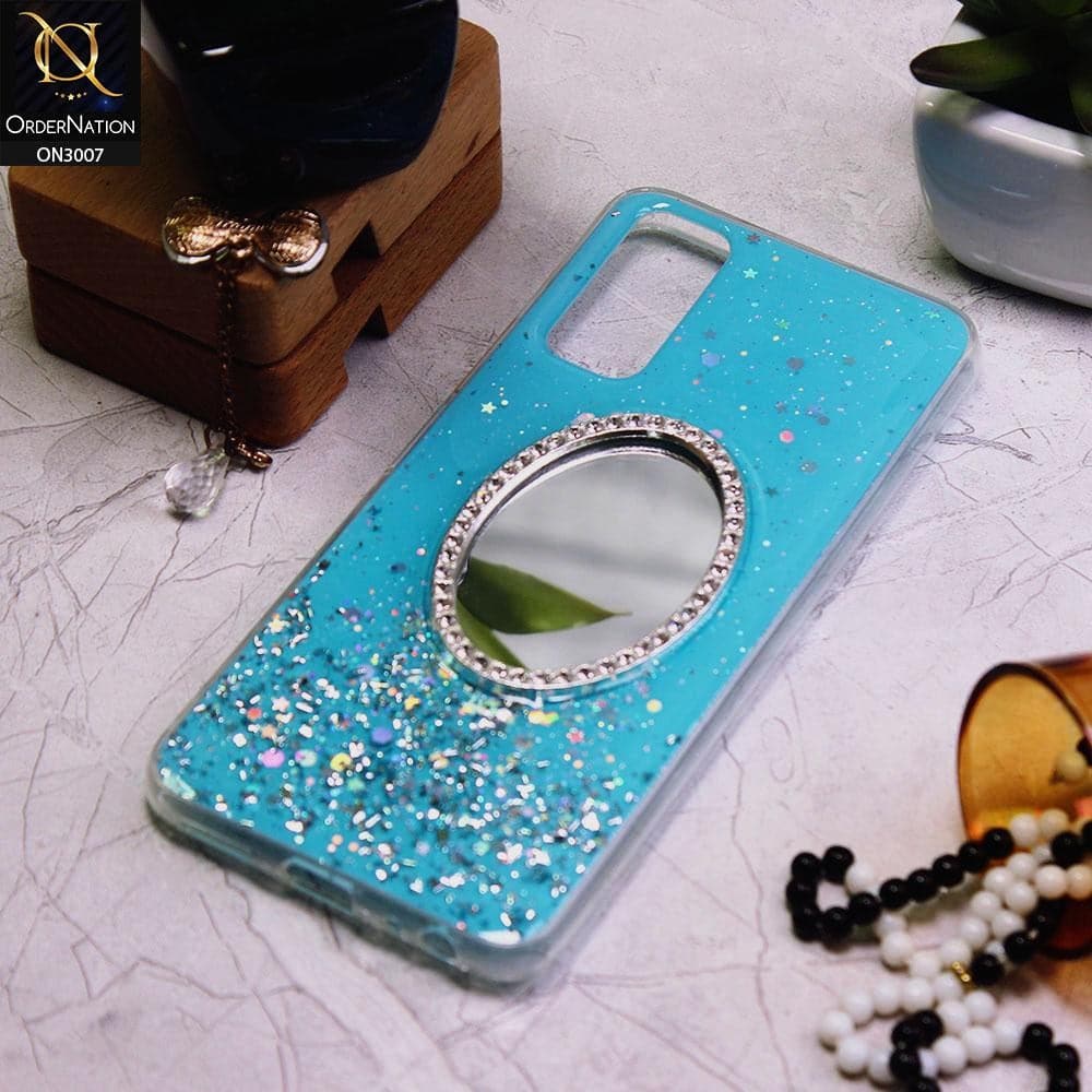 Vivo Y12s Cover - Blue - RhineStone Design Oval Mirror Soft Case - Glitter Does Not Move