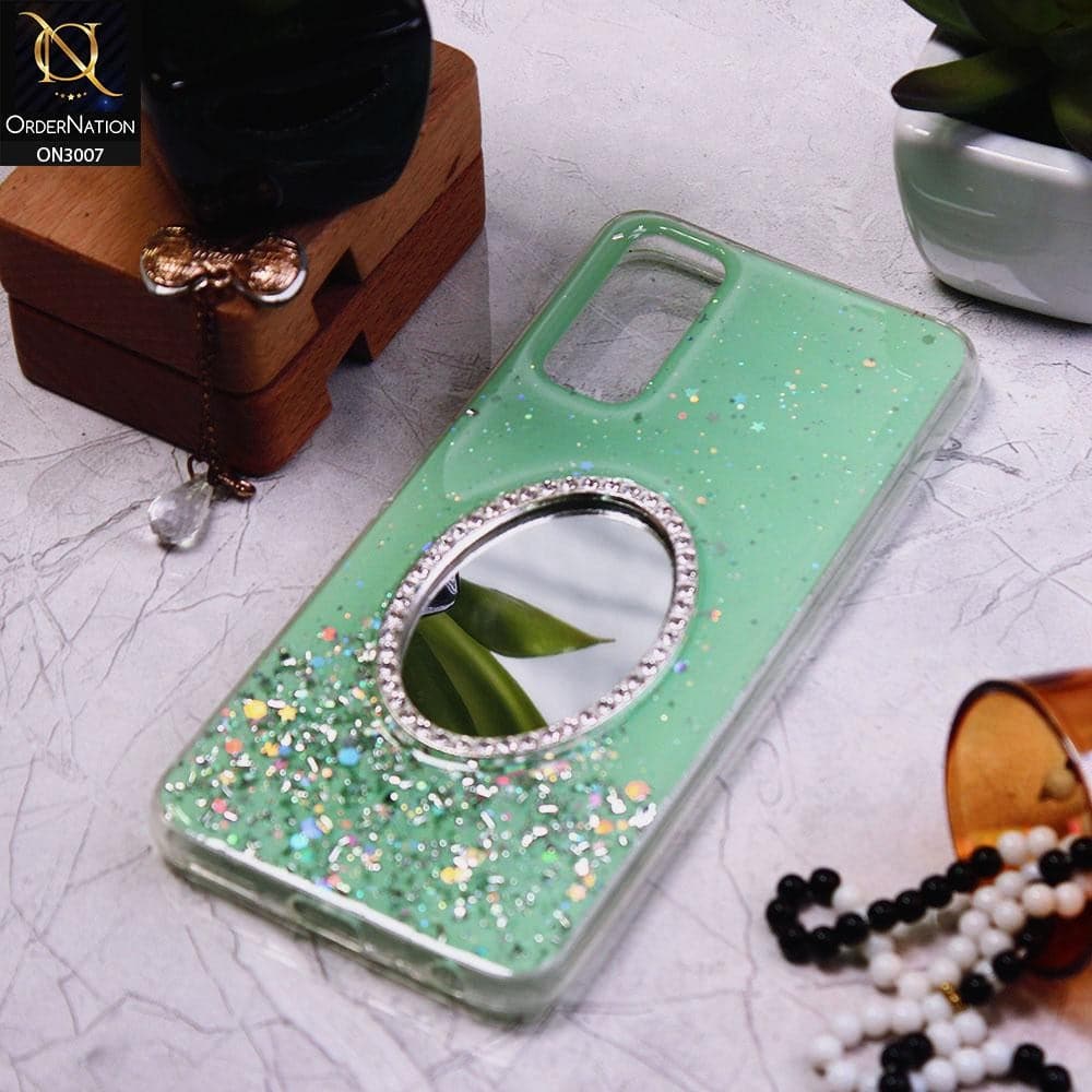 Vivo Y20A Cover - Green - RhineStone Design Oval Mirror Soft Case - Glitter Does Not Move