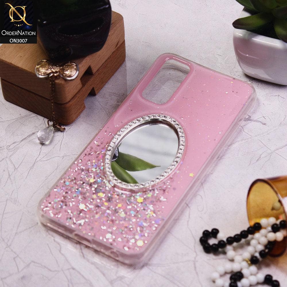 Vivo Y20A Cover - Pink - RhineStone Design Oval Mirror Soft Case - Glitter Does Not Move