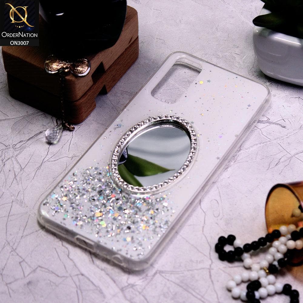 Vivo Y20i Cover - White - RhineStone Design Oval Mirror Soft Case - Glitter Does Not Move