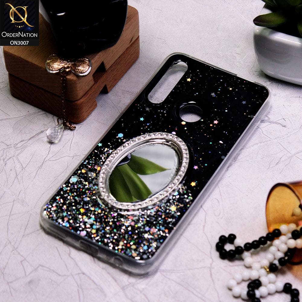 Honor 9X Cover - Black - RhineStone Design Oval Mirror Soft Case - Glitter Does Not Move