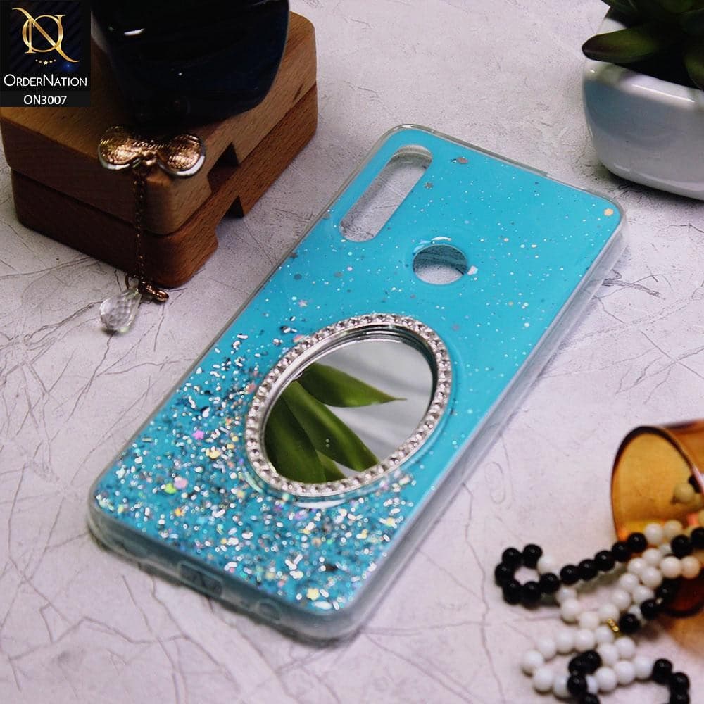 Huawei Y9 Prime 2019 Cover - Blue - RhineStone Design Oval Mirror Soft Case - Glitter Does Not Move