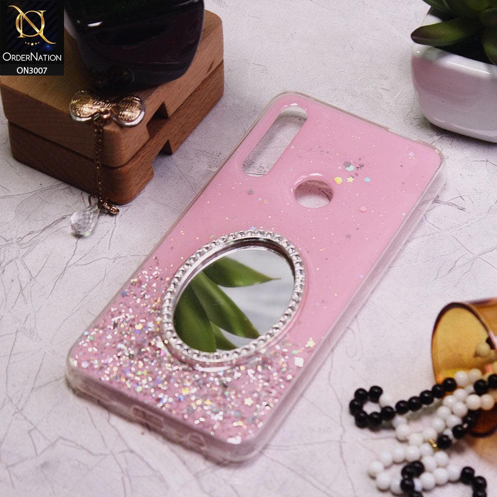 Huawei Y9 Prime 2019 Cover - Pink - RhineStone Design Oval Mirror Soft Case - Glitter Does Not Move