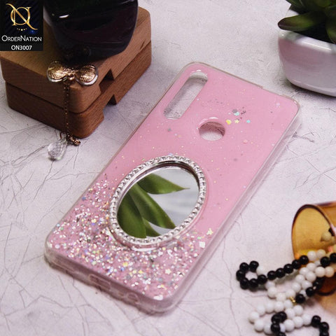 Huawei Y9 Prime 2019 Cover - Pink - RhineStone Design Oval Mirror Soft Case - Glitter Does Not Move