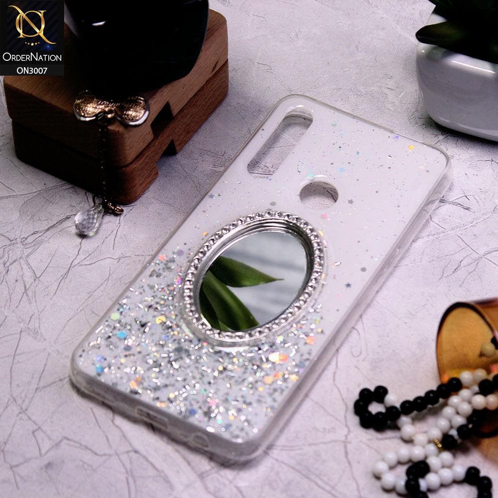 Honor 9X Cover - White - RhineStone Design Oval Mirror Soft Case - Glitter Does Not Move