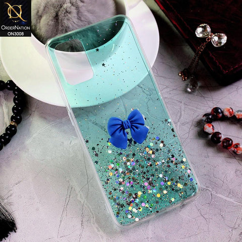 Samsung Galaxy M02s Cover - Sea Green - Bling Glitter Shinny Star Soft Case With Bow - Glitter Does Not Move