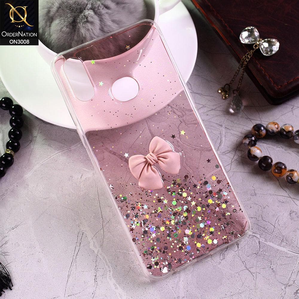 Samsung Galaxy A10s Cover - Pink - Bling Glitter Shinny Star Soft Case With Bow - Glitter Does Not Move
