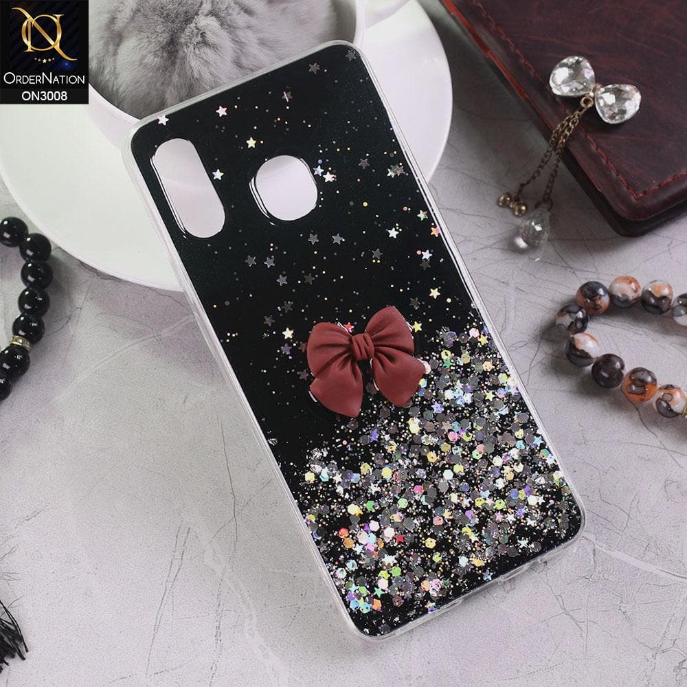 Samsung Galaxy A20 Cover - Black - Bling Glitter Shinny Star Soft Case With Bow - Glitter Does Not Move