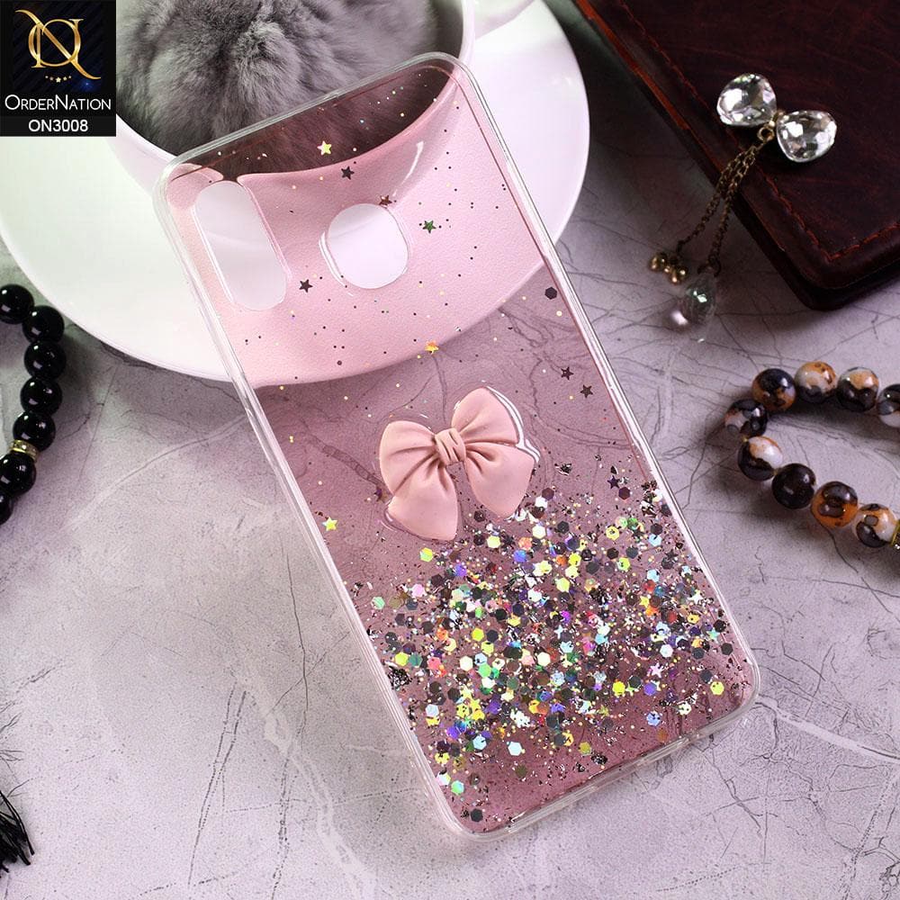 Samsung Galaxy A30 Cover - Pink - Bling Glitter Shinny Star Soft Case With Bow - Glitter Does Not Move
