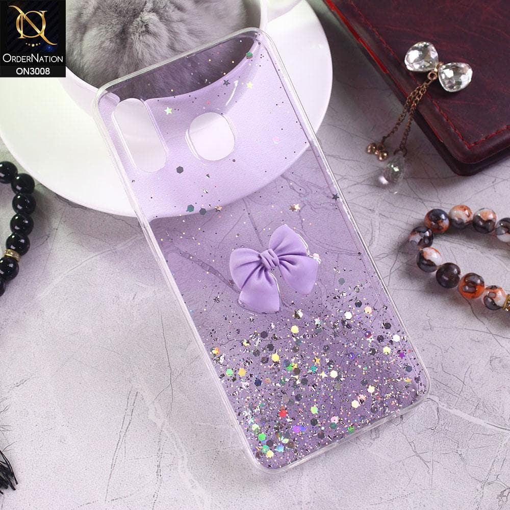 Samsung Galaxy A30 Cover - Purple - Bling Glitter Shinny Star Soft Case With Bow - Glitter Does Not Move