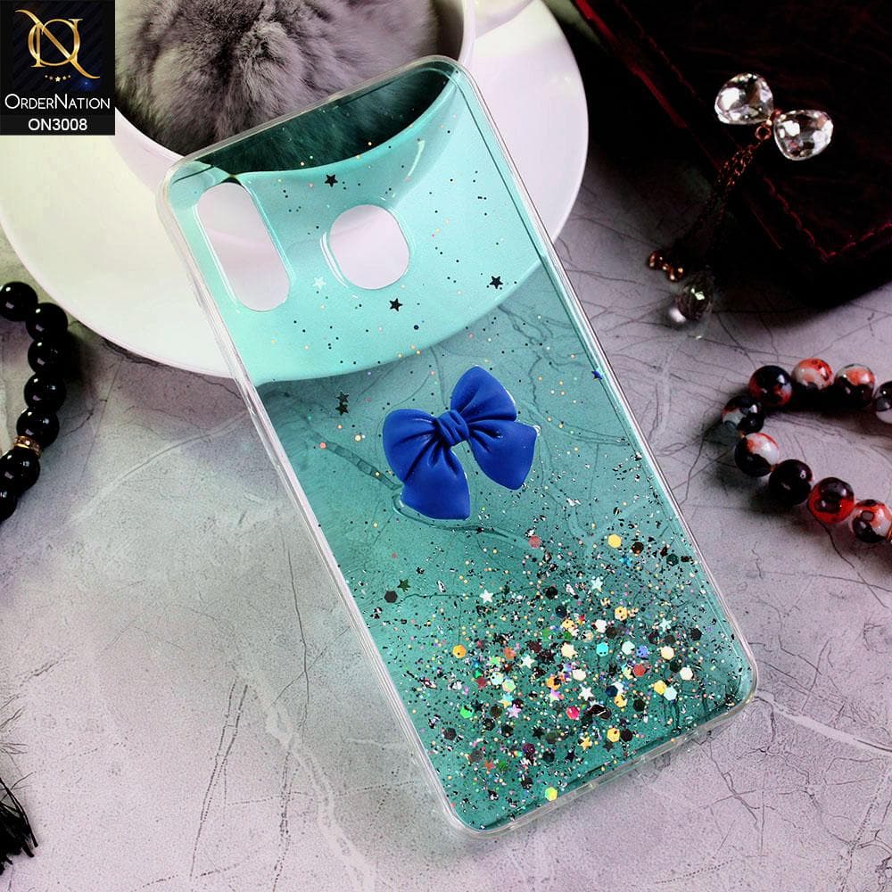 Samsung Galaxy A30 Cover - Sea Green - Bling Glitter Shinny Star Soft Case With Bow - Glitter Does Not Move
