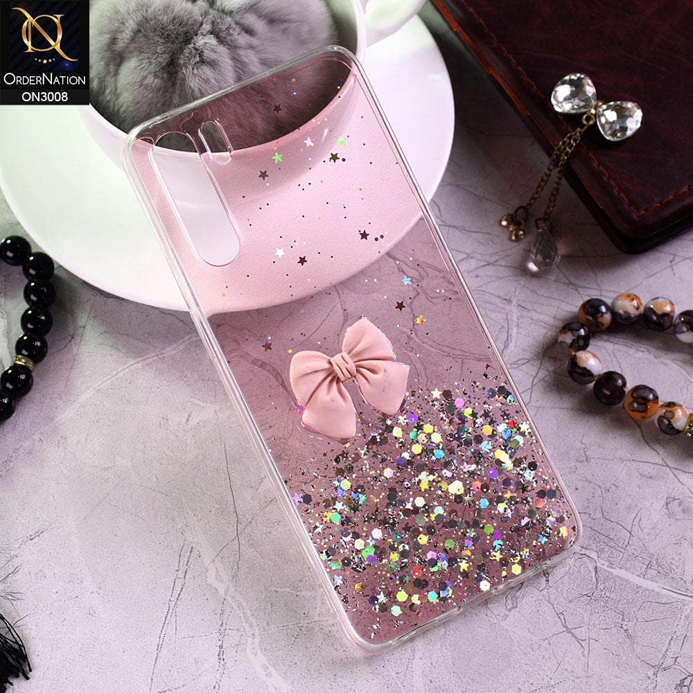 Oppo F15 Cover - Pink - Bling Glitter Shinny Star Soft Case With Bow - Glitter Does Not Move