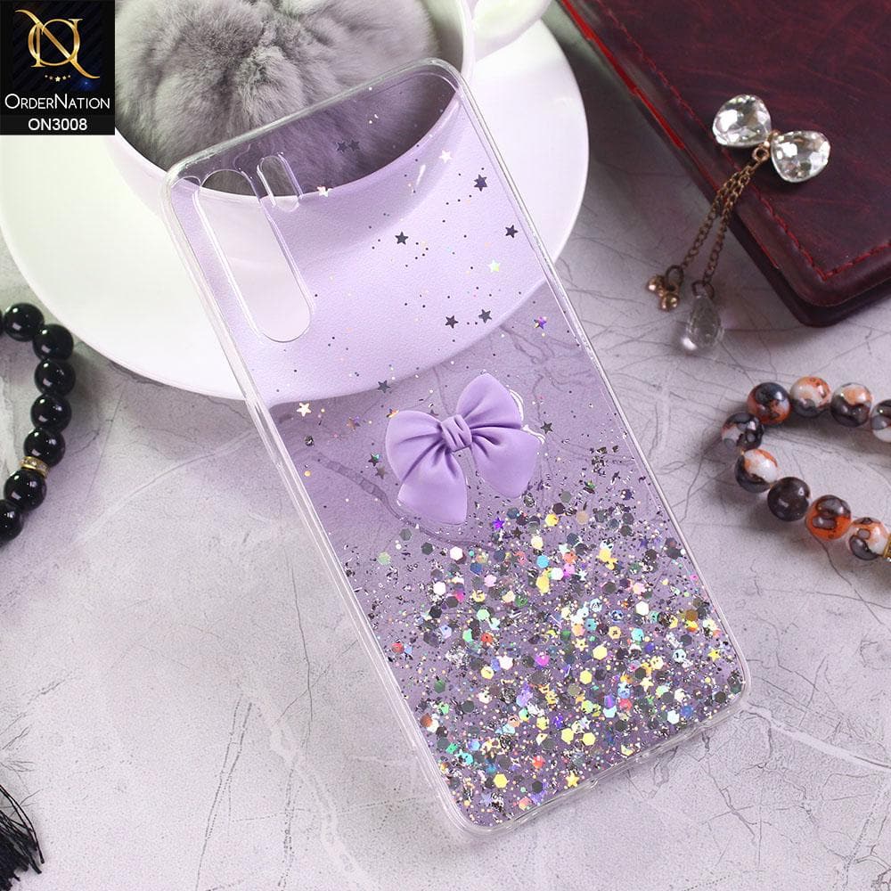 Oppo A91 Cover - Purple - Bling Glitter Shinny Star Soft Case With Bow - Glitter Does Not Move
