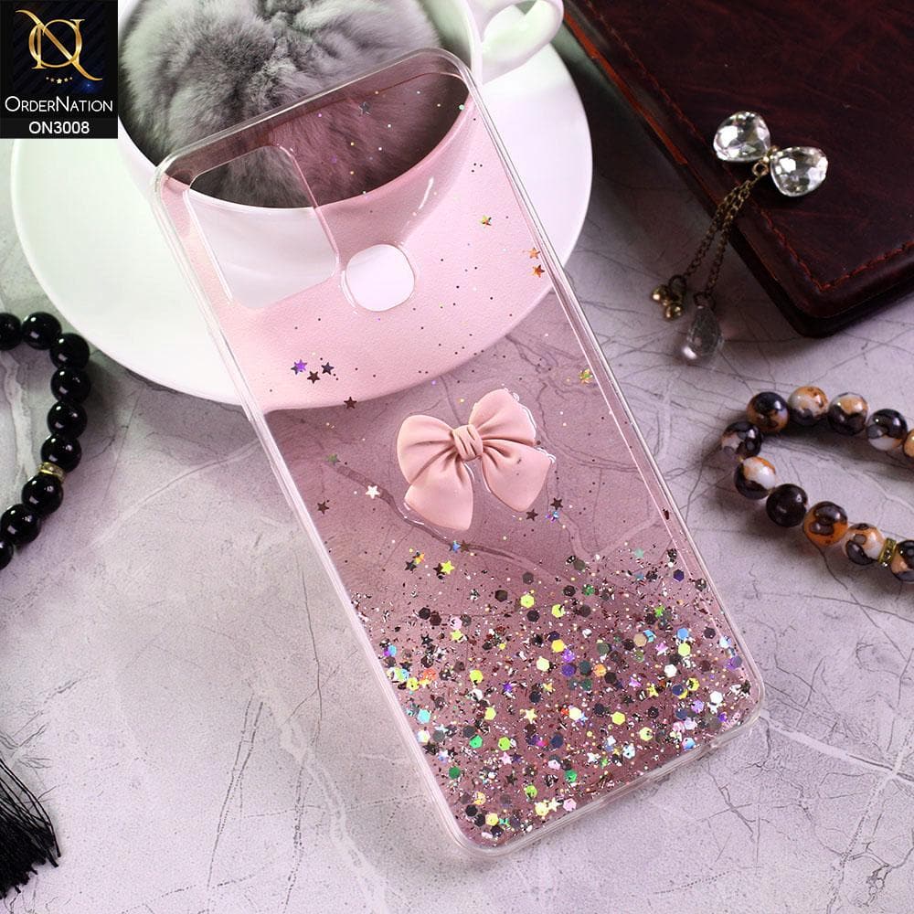 Infinix Hot 10 Cover - Pink - Bling Glitter Shinny Star Soft Case With Bow - Glitter Does Not Move