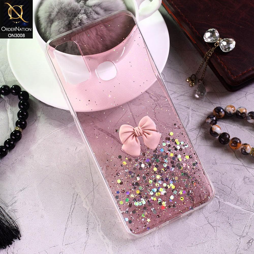 Infinix Hot 9 Play Cover - Pink - Bling Glitter Shinny Star Soft Case With Bow - Glitter Does Not Move