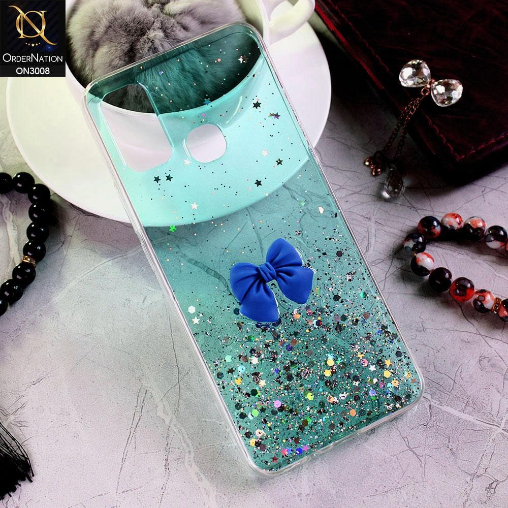 Infinix Hot 9 Play Cover - Sea Green - Bling Glitter Shinny Star Soft Case With Bow - Glitter Does Not Move