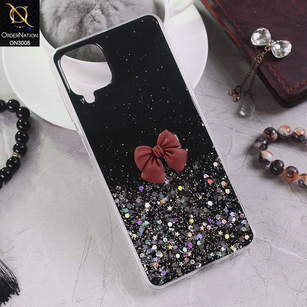 Samsung Galaxy A12 Cover - Black - Bling Glitter Shinny Star Soft Case With Bow - Glitter Does Not Move
