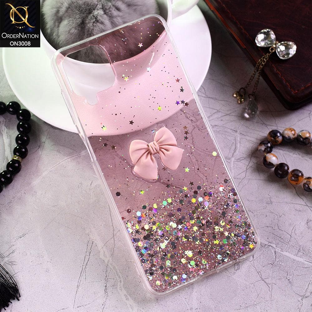 Samsung Galaxy A12 Cover - Pink - Bling Glitter Shinny Star Soft Case With Bow - Glitter Does Not Move