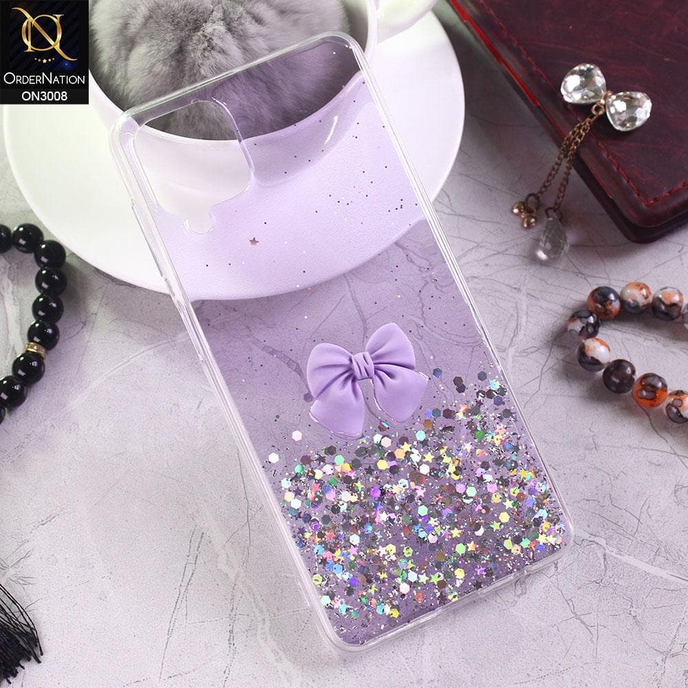 Samsung Galaxy A12 Cover - Purple - Bling Glitter Shinny Star Soft Case With Bow - Glitter Does Not Move