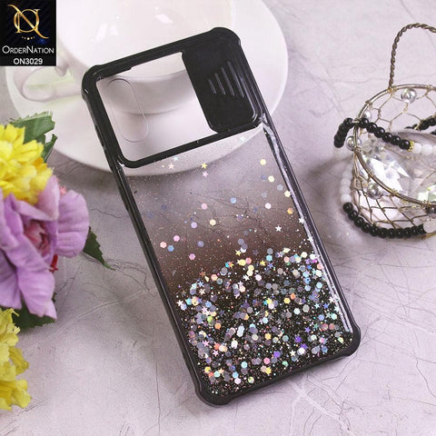 Samsung Galaxy A02 Cover - Black - Camera Slide Bling Glitter Shinny Stars Soft Border Case - Glitter Does Not Move