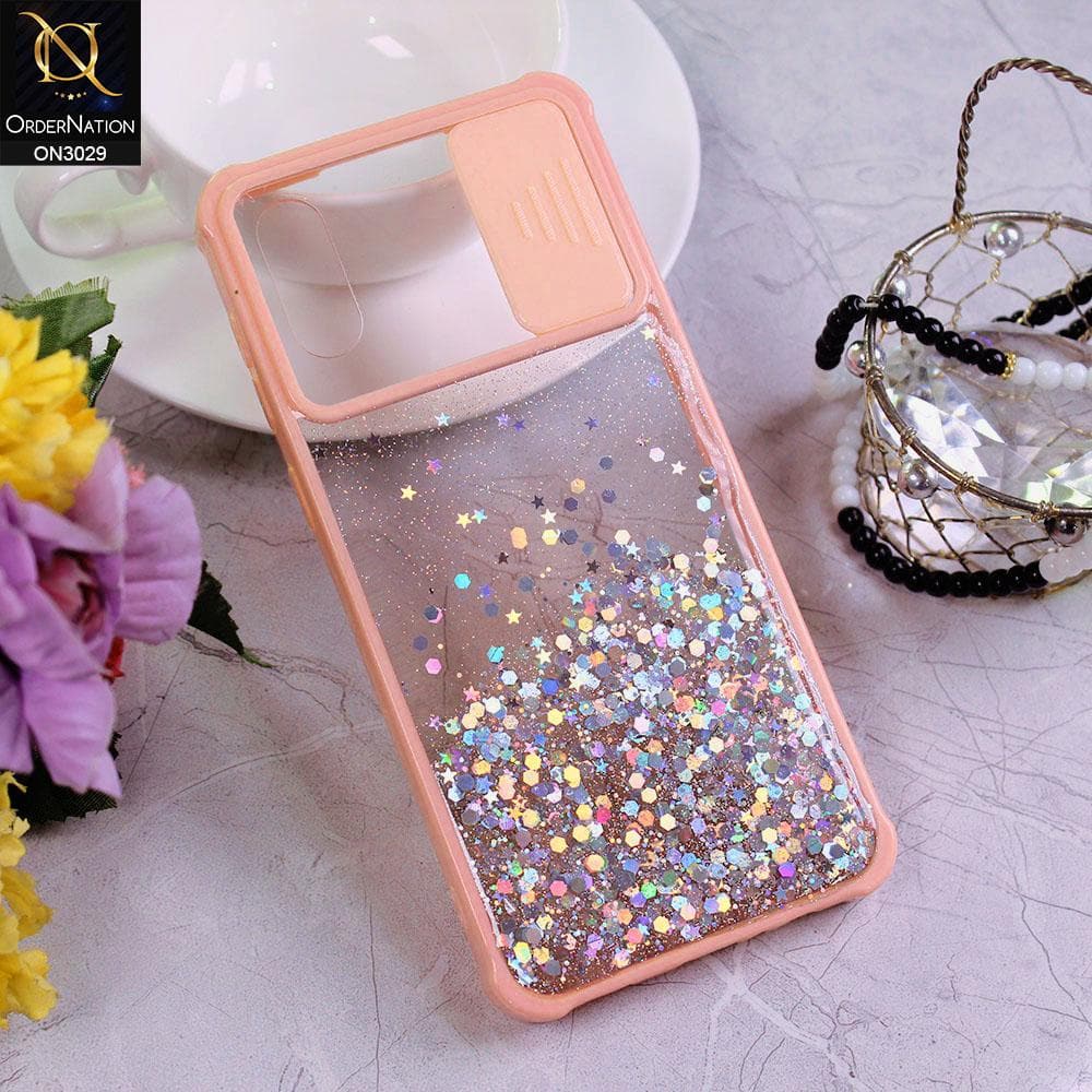 Samsung Galaxy A02 Cover - Pink - Camera Slide Bling Glitter Shinny Stars Soft Border Case - Glitter Does Not Move
