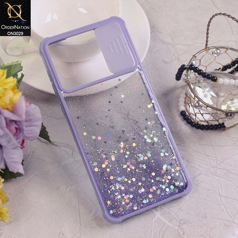Samsung Galaxy A02 Cover - Purple - Camera Slide Bling Glitter Shinny Stars Soft Border Case - Glitter Does Not Move