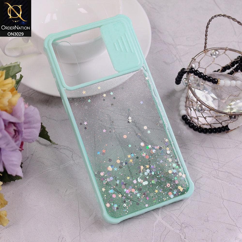 Samsung Galaxy A02 Cover - Sea Green - Camera Slide Bling Glitter Shinny Stars Soft Border Case - Glitter Does Not Move