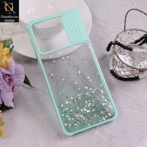 Samsung Galaxy A02 Cover - Sea Green - Camera Slide Bling Glitter Shinny Stars Soft Border Case - Glitter Does Not Move