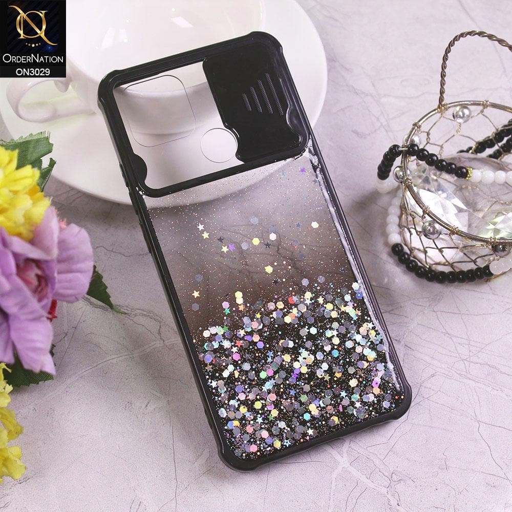 Oppo A15s Cover - Black - Camera Slide Bling Glitter Shinny Stars Soft Border Case - Glitter Does Not Move