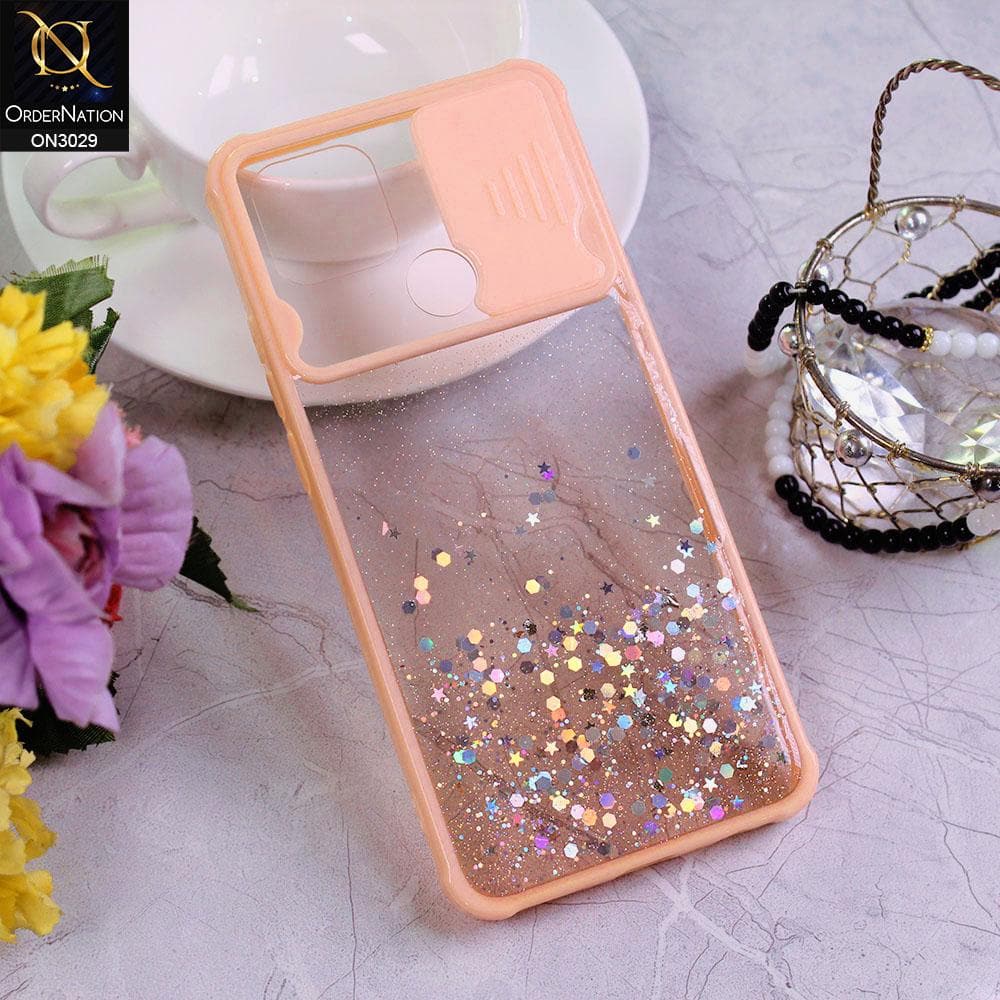 Oppo A15s Cover - Pink - Camera Slide Bling Glitter Shinny Stars Soft Border Case - Glitter Does Not Move