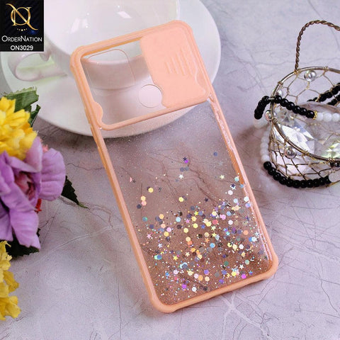 Oppo A15s Cover - Pink - Camera Slide Bling Glitter Shinny Stars Soft Border Case - Glitter Does Not Move