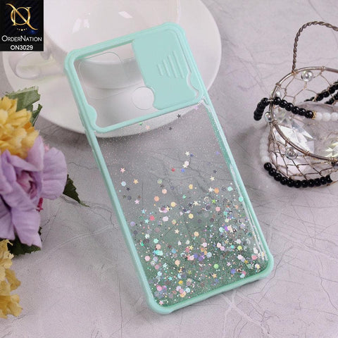 Oppo A15 Cover - Sea Green - Camera Slide Bling Glitter Shinny Stars Soft Border Case - Glitter Does Not Move