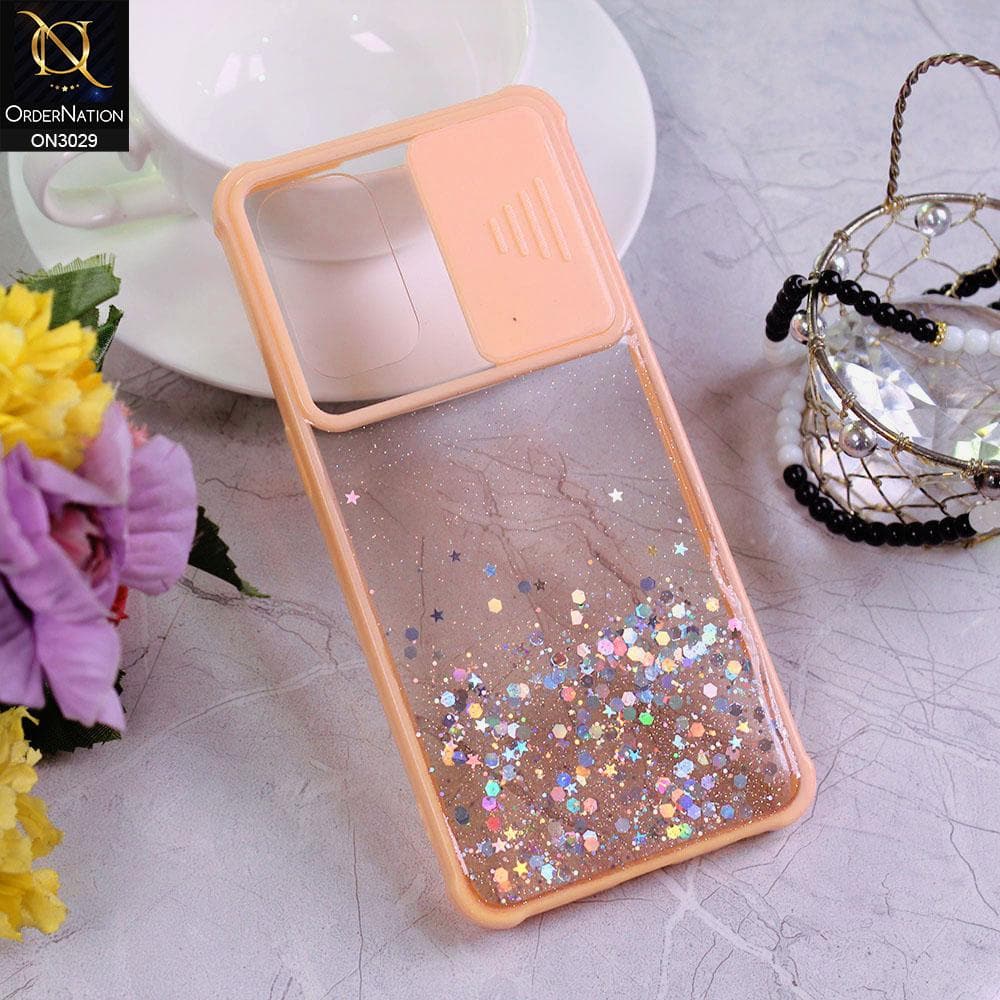 Oppo Reno 5 4G Cover - Pink - Camera Slide Bling Glitter Shinny Stars Soft Border Case - Glitter Does Not Move