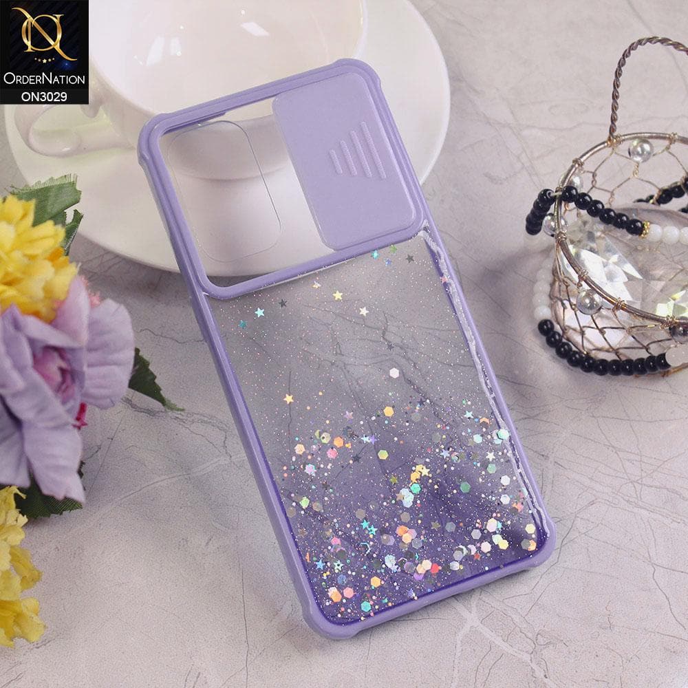 Oppo Reno 5 5G Cover - Purple - Camera Slide Bling Glitter Shinny Stars Soft Border Case - Glitter Does Not Move