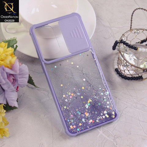 Oppo Reno 5 5G Cover - Purple - Camera Slide Bling Glitter Shinny Stars Soft Border Case - Glitter Does Not Move