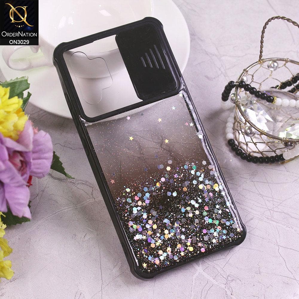Samsung Galaxy A32 4G Cover - Black - Camera Slide Bling Glitter Shinny Stars Soft Border Case - Glitter Does Not Move