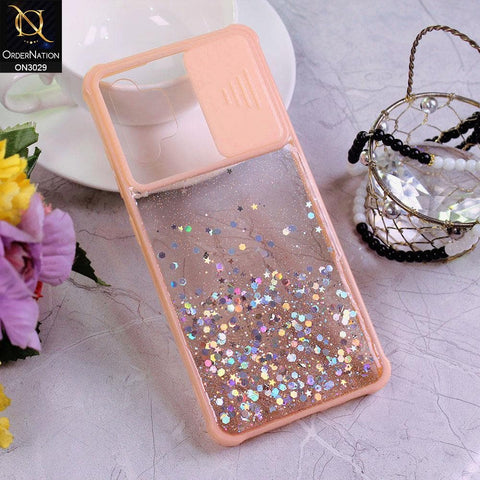Samsung Galaxy A32 4G Cover - Pink - Camera Slide Bling Glitter Shinny Stars Soft Border Case - Glitter Does Not Move