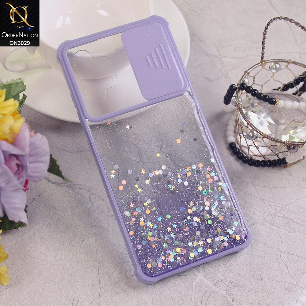 Samsung Galaxy A32 4G Cover - Purple - Camera Slide Bling Glitter Shinny Stars Soft Border Case - Glitter Does Not Move