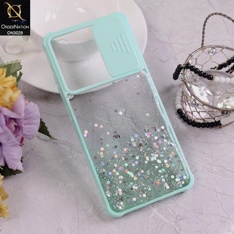 Samsung Galaxy A32 4G Cover - Sea Green - Camera Slide Bling Glitter Shinny Stars Soft Border Case - Glitter Does Not Move