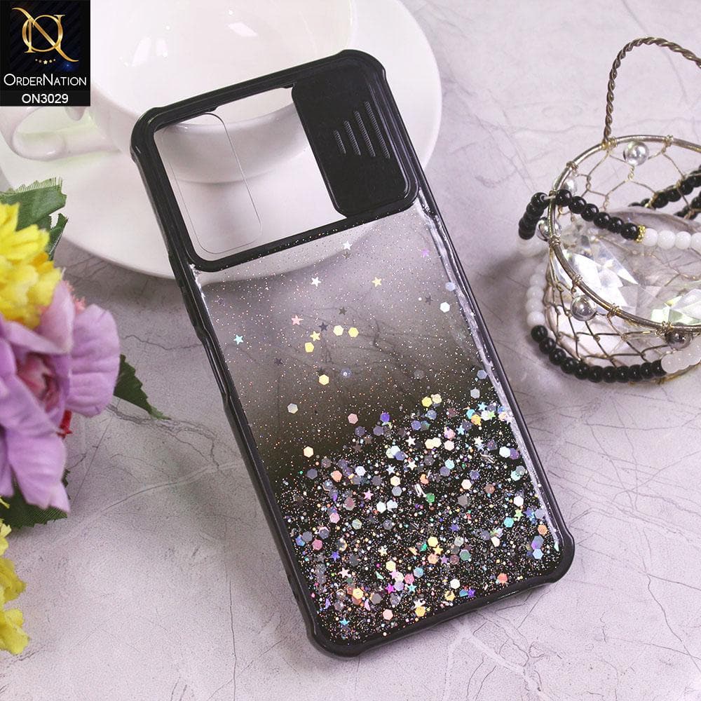 Vivo Y20i Cover - Black - Camera Slide Bling Glitter Shinny Stars Soft Border Case - Glitter Does Not Move