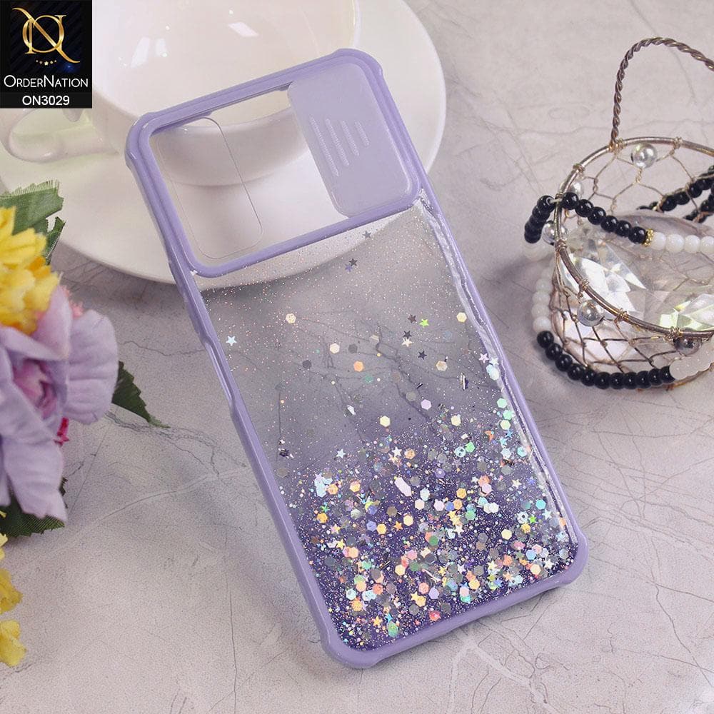 Vivo Y20i Cover - Purple - Camera Slide Bling Glitter Shinny Stars Soft Border Case - Glitter Does Not Move