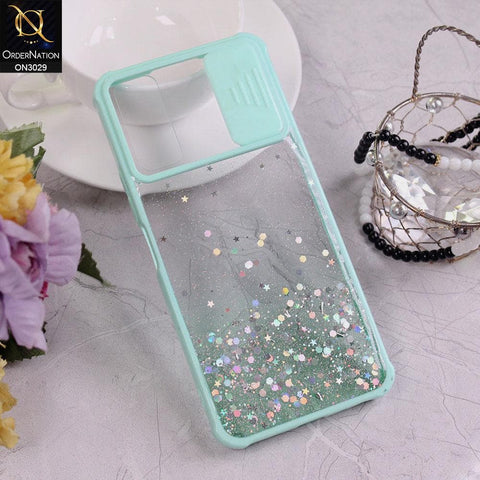 Vivo Y11s Cover - Sea Green - Camera Slide Bling Glitter Shinny Stars Soft Border Case - Glitter Does Not Move
