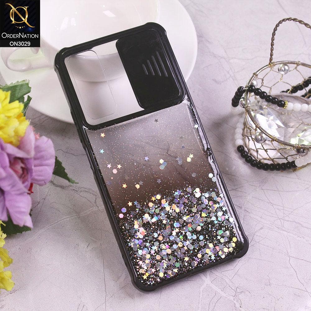 Vivo Y51a Cover - Black - Camera Slide Bling Glitter Shinny Stars Soft Border Case - Glitter Does Not Move
