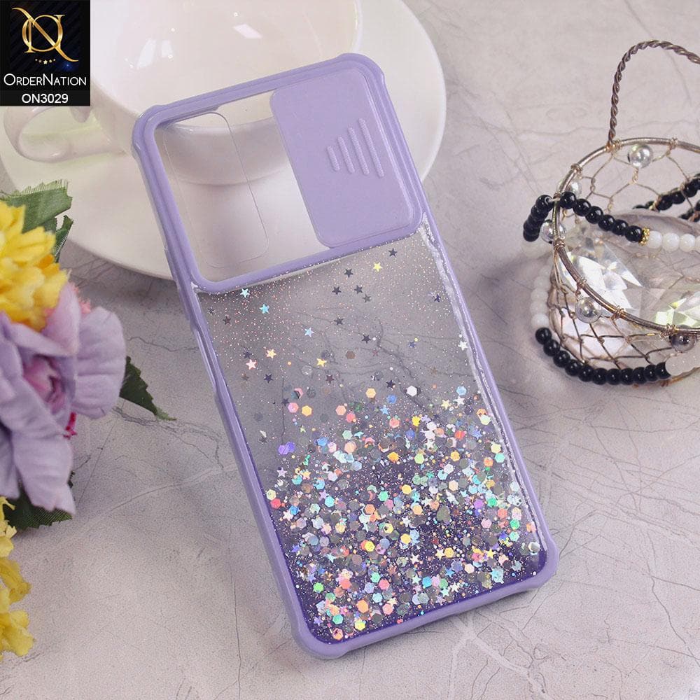 Vivo Y31 Cover - Purple - Camera Slide Bling Glitter Shinny Stars Soft Border Case - Glitter Does Not Move