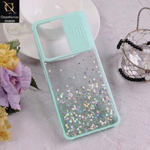 Vivo Y51a Cover - Sea Green - Camera Slide Bling Glitter Shinny Stars Soft Border Case - Glitter Does Not Move