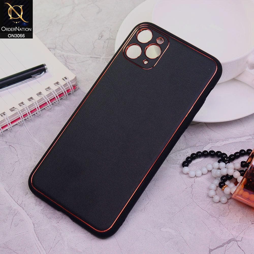 iPhone 11 Pro Max Cover - Black -  Electroplating PU Leather Coated TPU PC Soft Case