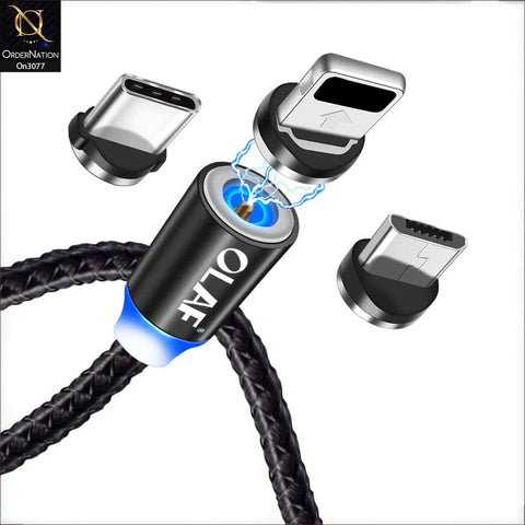 Black - 1M - Lightning - OLAF Magnetic Braided LED Lightning 1 Meter Usb Charging Cable